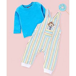 Babyhug 100% Cotton Full Sleeves T-Shirt & Dungaree Stripes & Monkey Print - Blue