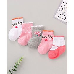 Cute Walk by Babyhug Anti Bacterial Ankle Length Non Terry Socks Flower Print Pack of 5 Pair - Pink
