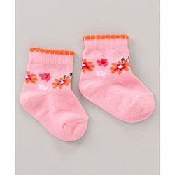 Cute Walk by Babyhug Anti Bacterial Ankle Length Non Terry Socks Flower Print Pack of 5 Pair - Pink