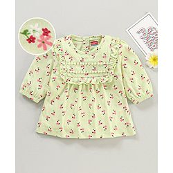 Babyhug Three Fourth Sleeves Top with Lace & Frill Detailing Floral Print - Light Olive