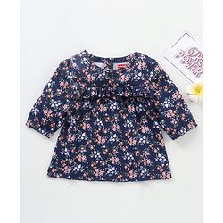 Babyhug Three Forth Sleeves Floral Print With Frill Detail Top - Blue