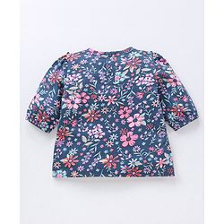 Babyhug Three Forth Sleeves Flower Print With Frill Detailing Top - Blue