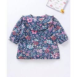 Babyhug Three Forth Sleeves Flower Print With Frill Detailing Top - Blue