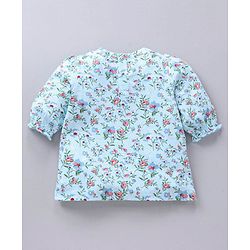 Babyhug Three Forth Sleeves Flower Print With Smocking & Frill Detailing Top - Blue