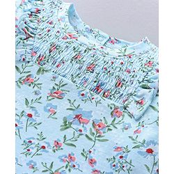 Babyhug Three Forth Sleeves Flower Print With Smocking & Frill Detailing Top - Blue