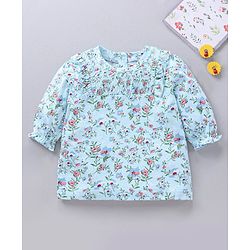 Babyhug Three Forth Sleeves Flower Print With Smocking & Frill Detailing Top - Blue