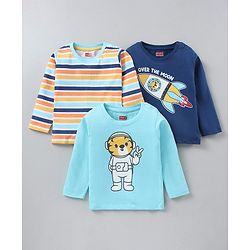 Babyhug Full Sleeves Cotton Striped and Rocket Printed T-shirts Pack of 3 - Blue Orange