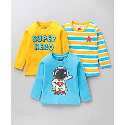 Babyhug Full Sleeves Cotton Striped and Text Printed T-shirts Pack of 3 - Blue Yellow