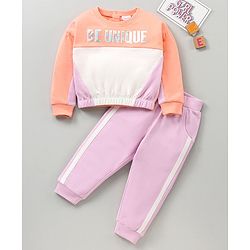 Babyhug 100% Cotton T-Shirt And Lounge Pant Text Print - White Peach Lilac