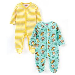 Babyhug Full Sleeves Sleep Suit Striped and Lion Print Pack of 2 - Yellow & Green
