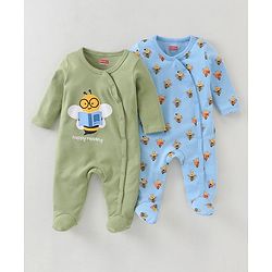 Babyhug Cotton Full Sleeves Sleep Suit Bee Print Pack of 2 - Blue Green