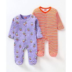 Babyhug Full Sleeves Sleep Suit Striped and Elephant Print Pack of 2 - Orange & Purple
