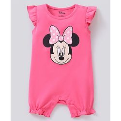Babyhug 100% Cotton Flutter Sleeves Minnie Mouse Print Romper - Pink