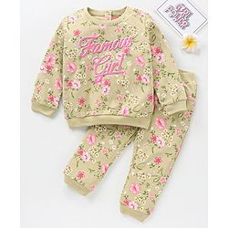 Babyhug Cotton Knit Full Sleeves Top and Lounge Pant Floral Print - Grey