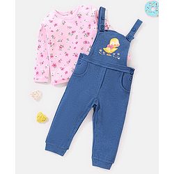 Babyhug 100% Cotton Full Sleeves T-Shirt With Dungaree Floral Print - Pink & Indigo