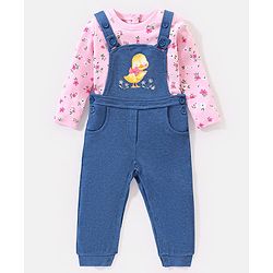 Babyhug 100% Cotton Full Sleeves T-Shirt With Dungaree Floral Print - Pink & Indigo