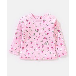 Babyhug 100% Cotton Full Sleeves T-Shirt With Dungaree Floral Print - Pink & Indigo
