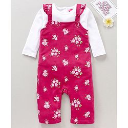 Babyhug Cotton Full Sleeves Solid Tee & Dungaree Set Floral Print - White