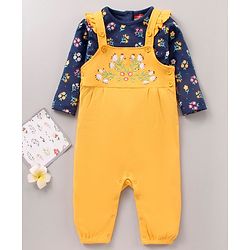 Babyhug 100'% Cotton Full Sleeves Dungaree Style Romper With Inner Tee Floral Print - Blue Yellow