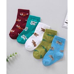 Cute Walk by Babyhug Anti Bacterial Ankle Length Non Terry Socks Animal Print Pack of 5 Pair - Multicolour