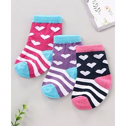 Cute Walk by Babyhug Anti Bacterial Ankle Length Striped Socks Heart Design Pack of 3 - Multicolor