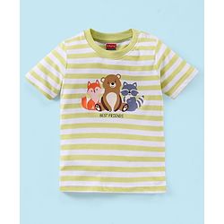 Babyhug Cotton Jersey Half Sleeves Striped T-Shirt Bear Print - White & Light Green