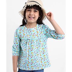 Babyhug Three Forth Sleeves Floral Print With Lace Detail Tee - Light Blue