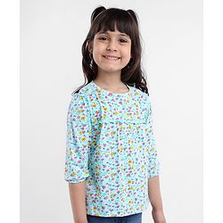 Babyhug Three Forth Sleeves Floral Print With Lace Detail Tee - Light Blue