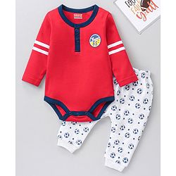 Babyhug Cotton Knit Full Sleeves Striped Onesie With Soccer Printed Leggings - Red