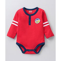 Babyhug Cotton Knit Full Sleeves Striped Onesie With Soccer Printed Leggings - Red