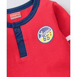 Babyhug Cotton Knit Full Sleeves Striped Onesie With Soccer Printed Leggings - Red
