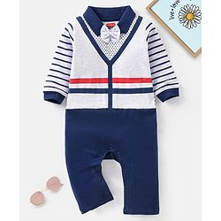 Babyhug Cotton Full Sleeves Romper With Bow Stripes & Dot Print- Navy Blue