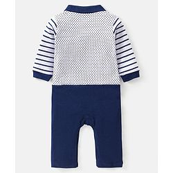 Babyhug Cotton Full Sleeves Romper With Bow Stripes & Dot Print- Navy Blue