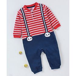 Babyhug Cotton Full Sleeves Striped Romper With Panda Patch- Red