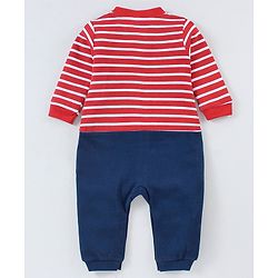 Babyhug Cotton Full Sleeves Striped Romper With Panda Patch- Red