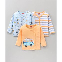 Babyhug 100% Cotton Knit Full Sleeves Vests Pack of 3 Stripes & Buses Print - Orange Blue