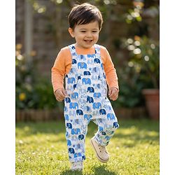 Babyhug Cotton Knit Elephant Print Dungaree with Full Sleeves Inner T-Shirt - Peach White