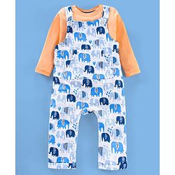 Babyhug Cotton Knit Elephant Print Dungaree with Full Sleeves Inner T-Shirt - Peach White