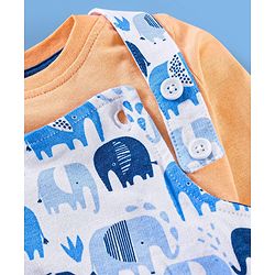 Babyhug Cotton Knit Elephant Print Dungaree with Full Sleeves Inner T-Shirt - Peach White