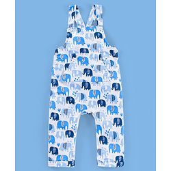 Babyhug Cotton Knit Elephant Print Dungaree with Full Sleeves Inner T-Shirt - Peach White