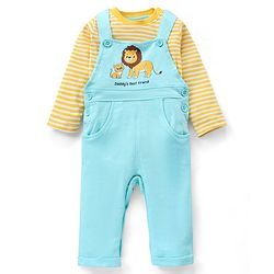Babyhug 100% Cotton Knit Sleeveless Lion Printed Dungaree With Full Sleeves Striped Tee - Yellow Blue