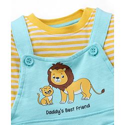 Babyhug 100% Cotton Knit Sleeveless Lion Printed Dungaree With Full Sleeves Striped Tee - Yellow Blue