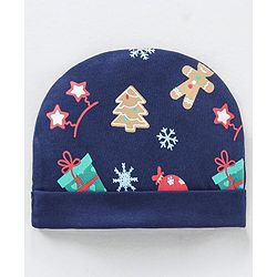 Babyhug 100% Cotton Cap Mittens and Booties Tree Print Navy Blue - Diameter 11 cm