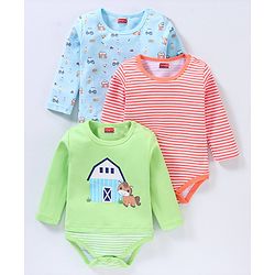 Babyhug 100% Cotton Full Sleeves Onesies Stripes & House Print Pack of 3- Multicolor