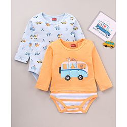 Babyhug 100% Cotton Knit Full Sleeves Cars & Bus Printed Onesies Pack Of 2 - Multicolour