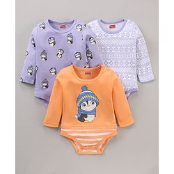 Babyhug 100% Cotton Knit Full Sleeves Penguin Printed Onesies Pack Of 3 - Multicolour