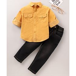 Babyhug Cotton Knit Solid Full Sleeves Shirt and Jeans Pant - Yellow Black