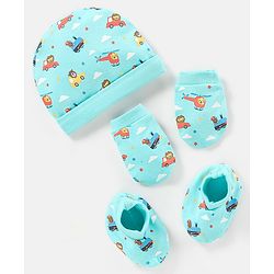 Babyhug 100% Cotton Vehicle Printed Cap Mittens & Booties- Cap Diameter 10.5 cm