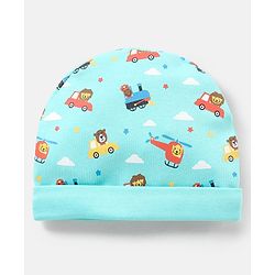 Babyhug 100% Cotton Vehicle Printed Cap Mittens & Booties- Cap Diameter 10.5 cm
