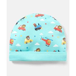 Babyhug 100% Cotton Vehicle Printed Cap Mittens & Booties- Cap Diameter 10.5 cm